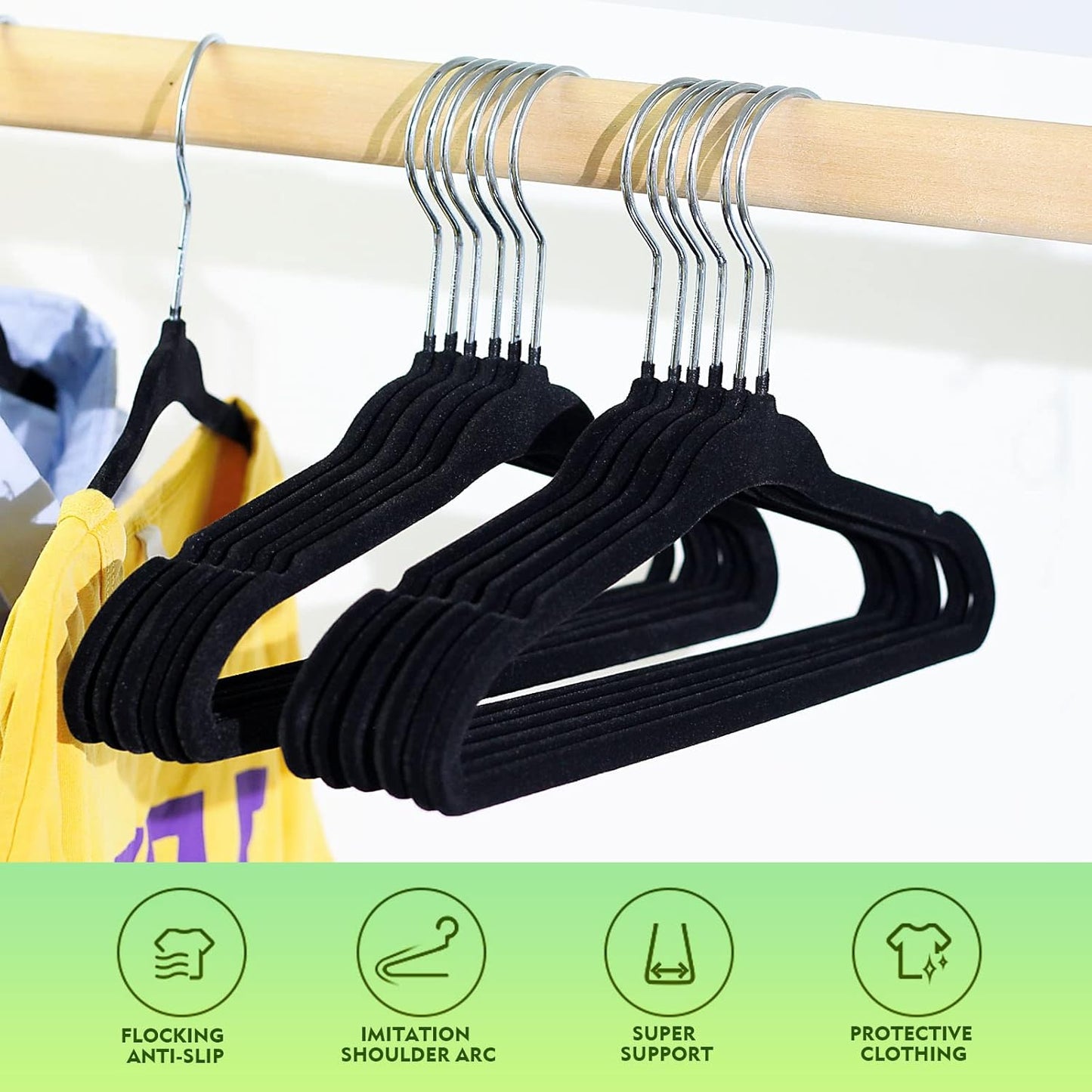 SKY-TOUCH 15Pcs Non-Slip Velvet Kids Hangers, Premium Baby Clothes Hangers with 360 Chrome Swivel Hook, Non Slip Toddler Hangers for Kids and Children Clothes Space saving (Black)