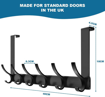 SKY-TOUCH Over Door Hook Hanger 6 Hookds, for Hanging Clothes, Hats, Coats, Towels, Robes - Rust Resistant Door Hanger with 6 Hooks, 20KG Maximum load, Aluminum, 40x18cm