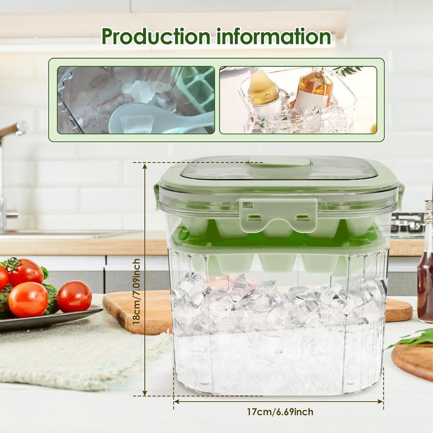 SKY-TOUCH 5L Portable Ice Bucket for Freezer with 56 Grids Mold Tray & Scoop, Large Capacity Clear Refrigerator Ice Cube Storage Bin for Outdoor Camping and BBQ Party (Green)