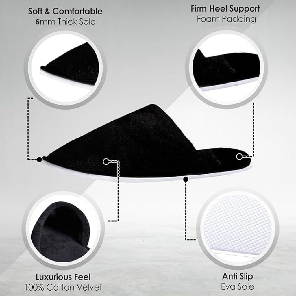SKY-TOUCH 6 Pairs of Non Slip Disposable Spa Slippers, Eco-Friendly Indoor Slippers for Bathroom, Bedroom, Hotel, Flight,Spa,Unisex Fits 42-46, Black - Individually Package
