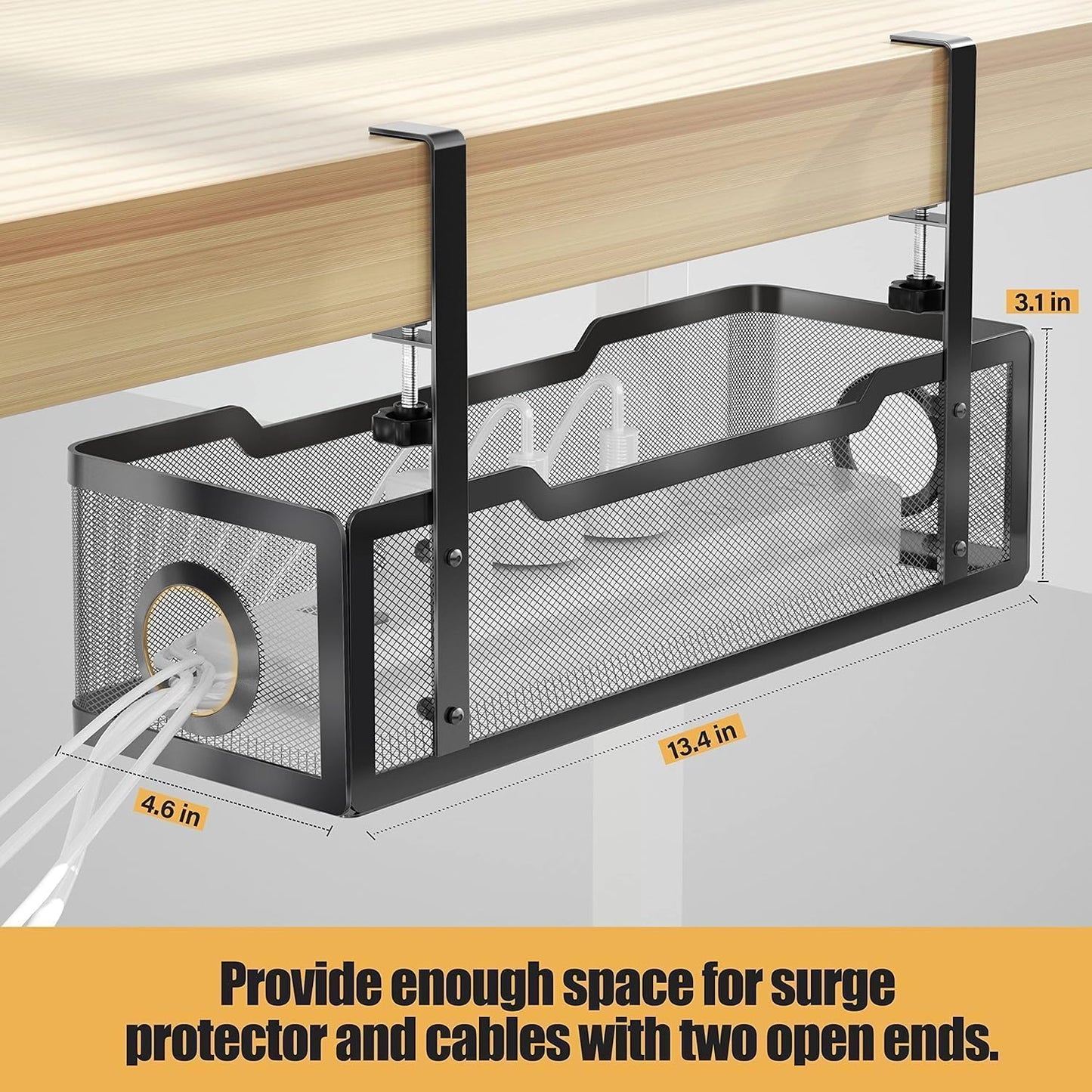 SKY-TOUCH Under Desk Cable Management Tray, Metal Cable Tray with Clamp for Desk Wire Management,Desk Cable Management Box for Office, Home - No Drill, Black 34x12x8cm