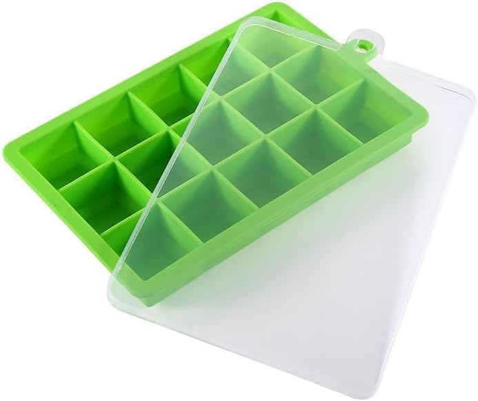 SKY-TOUCH 2-Pack Food Grade Silicone Ice Cube Cubes with Lids for Freezer, Easy-to-Remove 24 Cube Cubes for Party, Drinks and Frozen Liquids (Blue and Green) - 19.5Lx12.5Wx2.5H cm