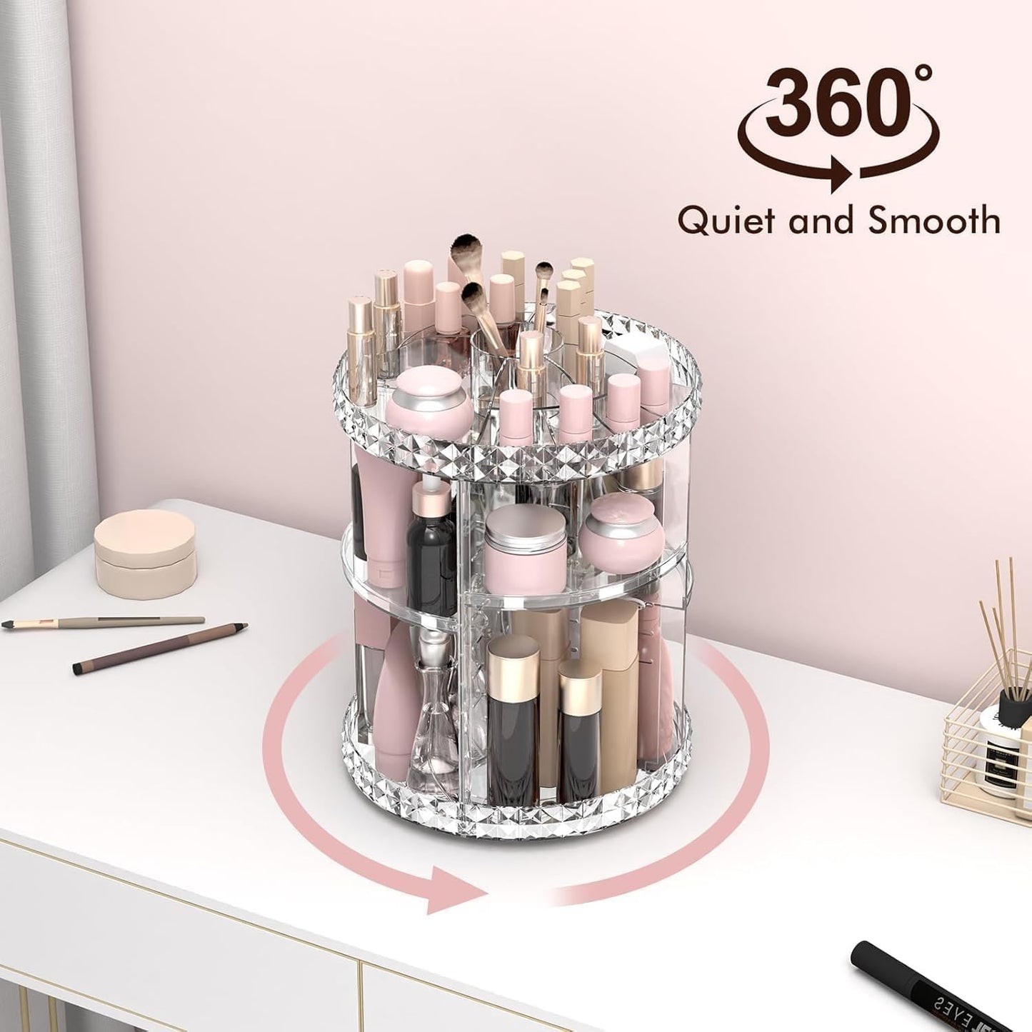 SKY-TOUCH 360-Degree Rotating Makeup Organizer,3-Tier Adjustable Cosmetic Storage Display Box | Transparent Vanity Organizer for Skincare, Fragrance, and Beauty Products | Bedroom,Countertop Organizer