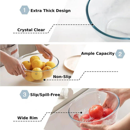 SKY-TOUCH 2 PCS Glass Mix Bowl Set, Round Glass Bowl, Salad Bowl Glass for Kitchen, Baking, Prepping, Serving, Cooking, Stackable, Non-toxic, Microwavable, L Size: 26.5 x 11cm, S Size: 22.5 x 10cm
