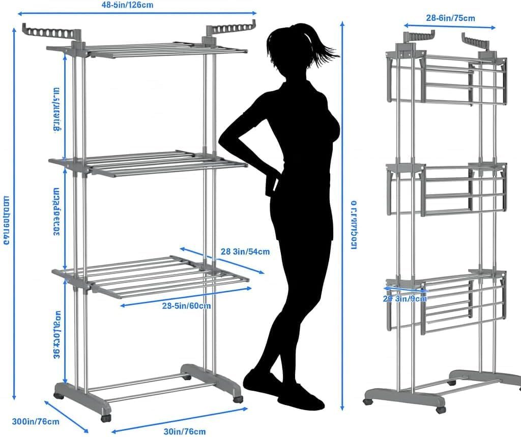 SKY-TOUCH 4 Tier Foldable Clothes Drying Rack, Laundry Drying Rack with Two Side Wings, Movable Drying Rack with 4 castors, 24 Drying Poles & 14 Hooks, Space-Saving, for Bed Linen, Clothing - Grey