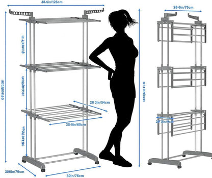SKY-TOUCH 4 Tier Foldable Clothes Drying Rack, Laundry Drying Rack with Two Side Wings, Movable Drying Rack with 4 castors, 24 Drying Poles & 14 Hooks, Space-Saving, for Bed Linen, Clothing - Grey