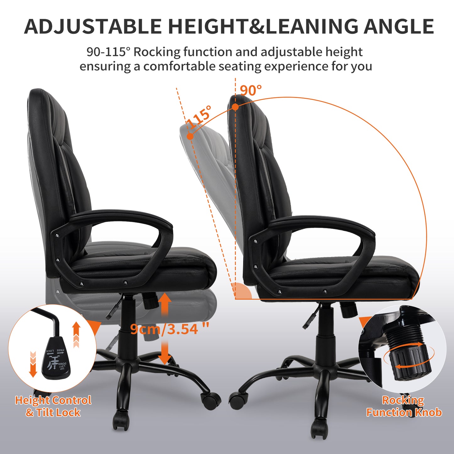 SKY-TOUCH Office Chair, Executive Desk Chair, Classic PU Leather Padded Mid-Back Height Adjustable and Tilt, 350Lb Capacity, Office Computer Desk Chair with Armrest, Black- 26"D x 23.75"W x 42"H