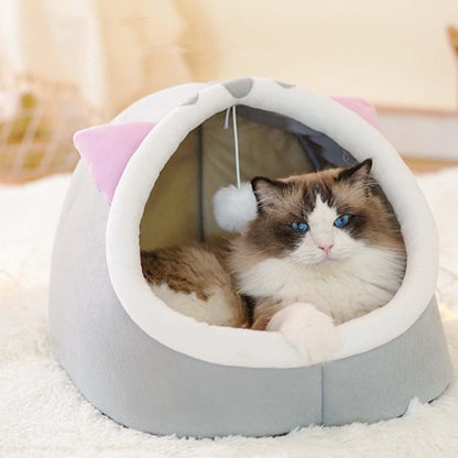 SKY-TOUCH Indoor Cat Bed, Semi-enclosed Cat Igloo Cave Bed for Indoor Kittens, Round Donut Cat House Nest with Fluffy Ball Hanging, Soft Pet Cat Cave for Cats with Anti-Slip Bottom, 48x45x40cm