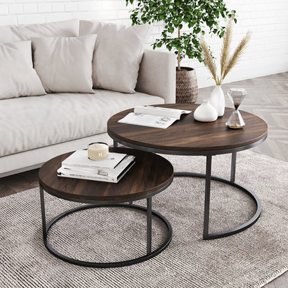 SKY-TOUCH Round Coffee Table Set of 2 Side Table,Stacking Side Tables with Solid Wood Grain Table and Metal Frame for Living Room,Sturdy and Easy Assembly,Rustic Brown and Black Walnut