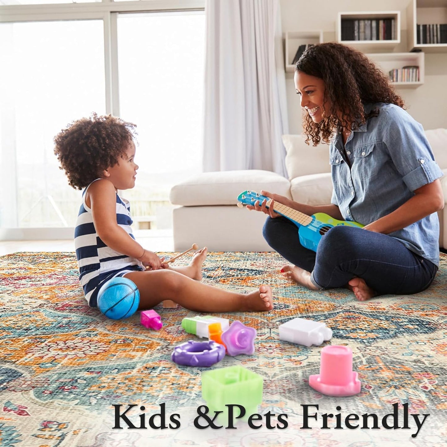 SKY-TOUCH Moroccan Retro Washable Area Rug, 100x160cm Soft Rug for Bedroom Kitchen Office Entryway Bathroom, Non-Slip Oriental Accent Throw Carpet,Cream/Multi Color