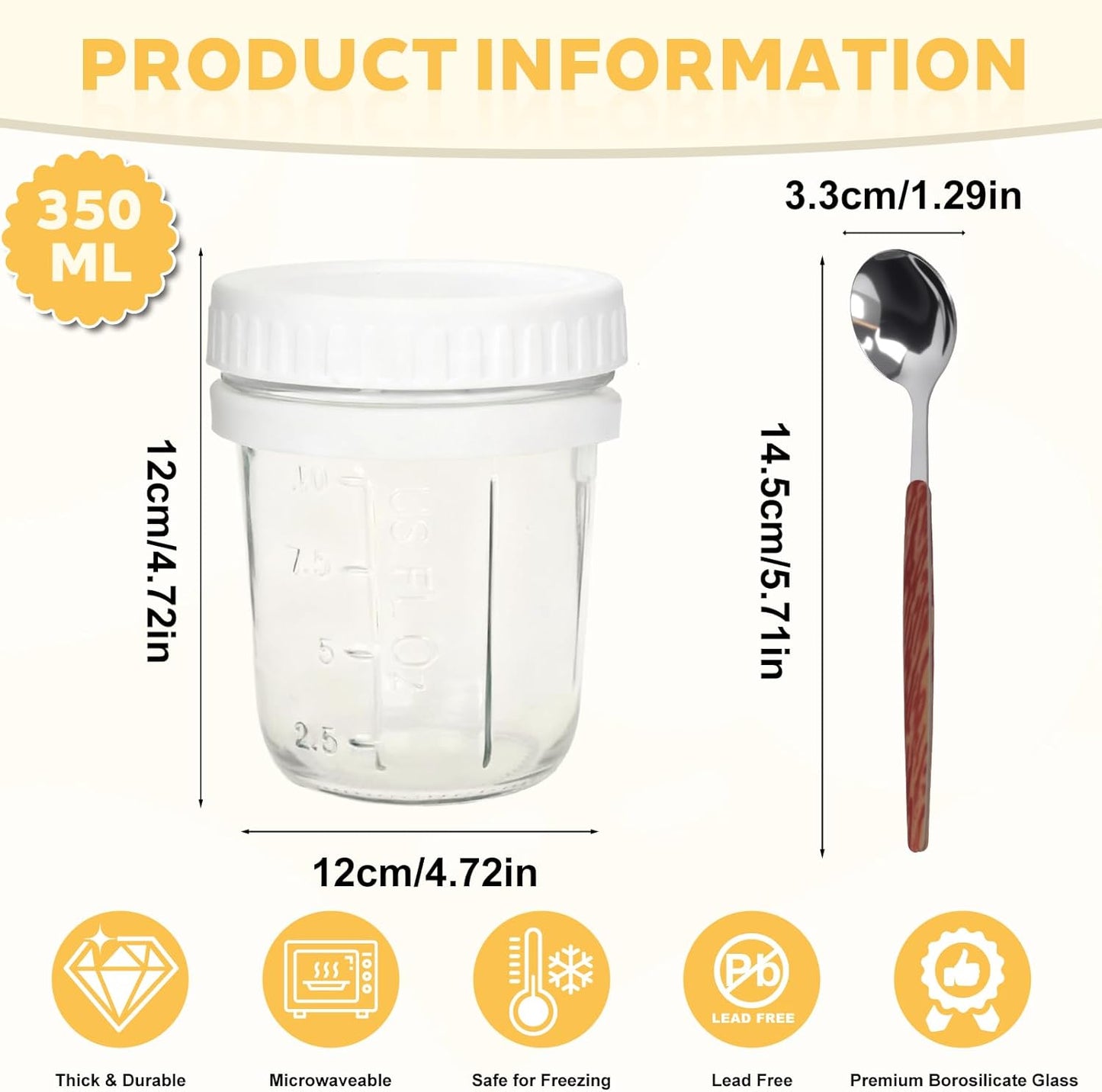 SKY-TOUCH 2 Pack Overnight Oats Jars, Overnight Oats Container with Lid and Spoon, 10 oz Cereal, Milk, Vegetable and Fruit Salad Storage Container with Measurement Marks (WHITE)