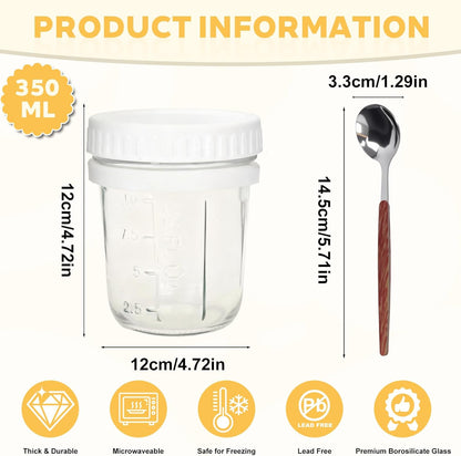 SKY-TOUCH 2 Pack Overnight Oats Jars, Overnight Oats Container with Lid and Spoon, 10 oz Cereal, Milk, Vegetable and Fruit Salad Storage Container with Measurement Marks (WHITE)
