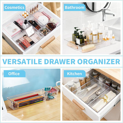 SKY-TOUCH 18PACK Clear Plastic Drawer Organizer,Drawer Organizer Trays,Desk Drawer Organizer Trays,4 Size Large Storage Organizer Divider Set for Fridge Organizer, Bathroom, Vanity Storage Bins,Office