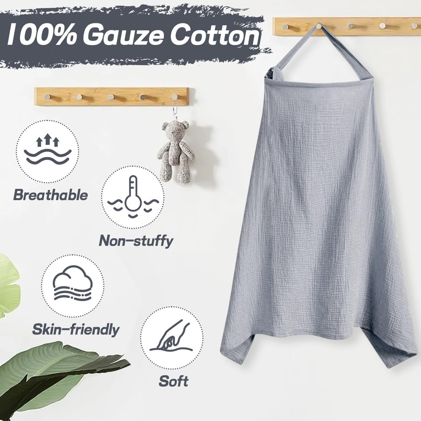 SKY-TOUCH Muslin Nursing Cover for Baby Breastfeeding, 360°Full Coverage Nursing Poncho, Breathable 100% Cotton Breastfeeding Cover with Rigid Hoop for Mother Nursing Apron,90x47cm, Grey