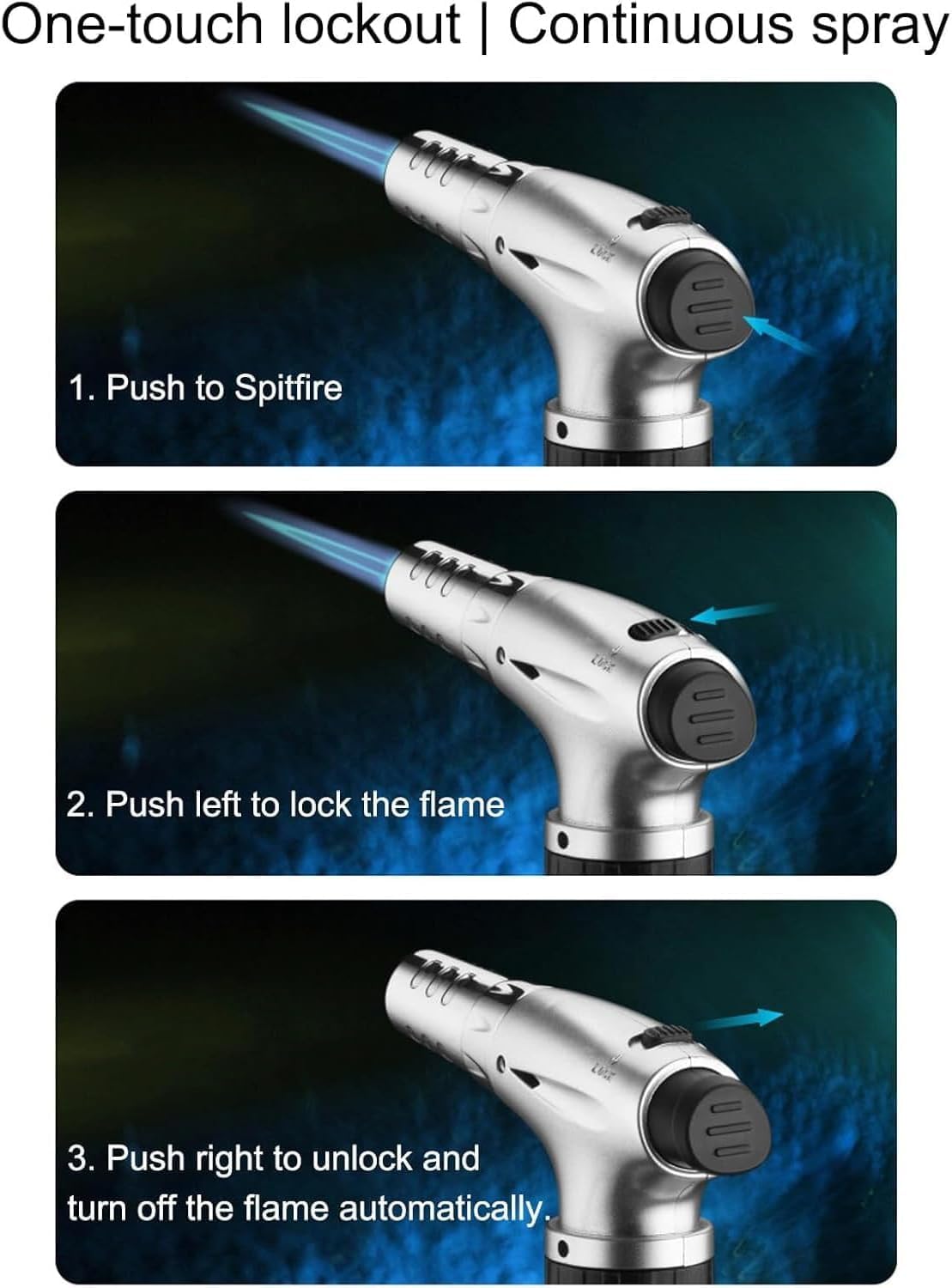 SKY-TOUCH Butane Torch Lighter, Refillable Kitchen Spray Gun With a Safety Lock, Continuous Flame Mode, And Adjustable Flame, Suitable for Cooking And Grilling, Silvery - Not Contain Butane Gas