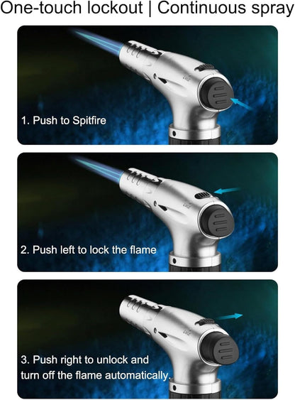 SKY-TOUCH Butane Torch Lighter, Refillable Kitchen Spray Gun With a Safety Lock, Continuous Flame Mode, And Adjustable Flame, Suitable for Cooking And Grilling, Silvery - Not Contain Butane Gas