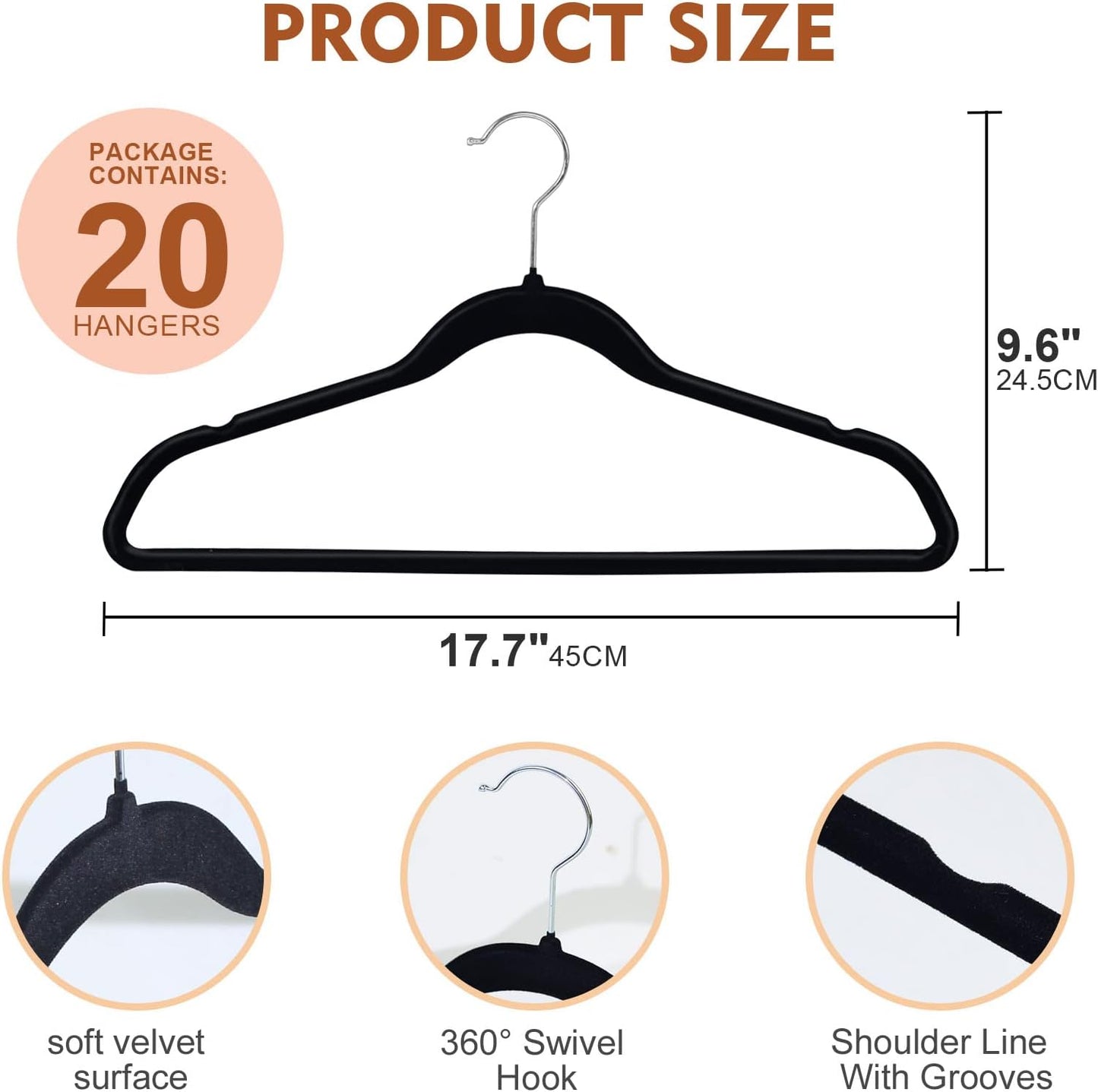 SKY-TOUCH 20PCS Non Slip, Space-Saving Slim Clothes Velvet Hanger, Heavy Duty Adult Hanger for Coats and Suits - Black