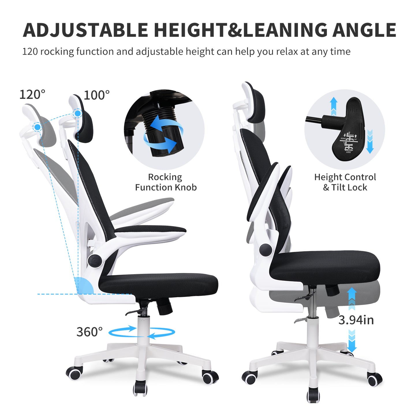 SKY-TOUCH Ergonomic Office Chair,Height adjustable Gaming Chair, Breathable Mesh Design High Back Desk Chair with Flexible Headrest, Swivel Padded Armrest, Lumbar Support, Tit, White