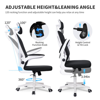 SKY-TOUCH Ergonomic Office Chair,Height adjustable Gaming Chair, Breathable Mesh Design High Back Desk Chair with Flexible Headrest, Swivel Padded Armrest, Lumbar Support, Tit, White