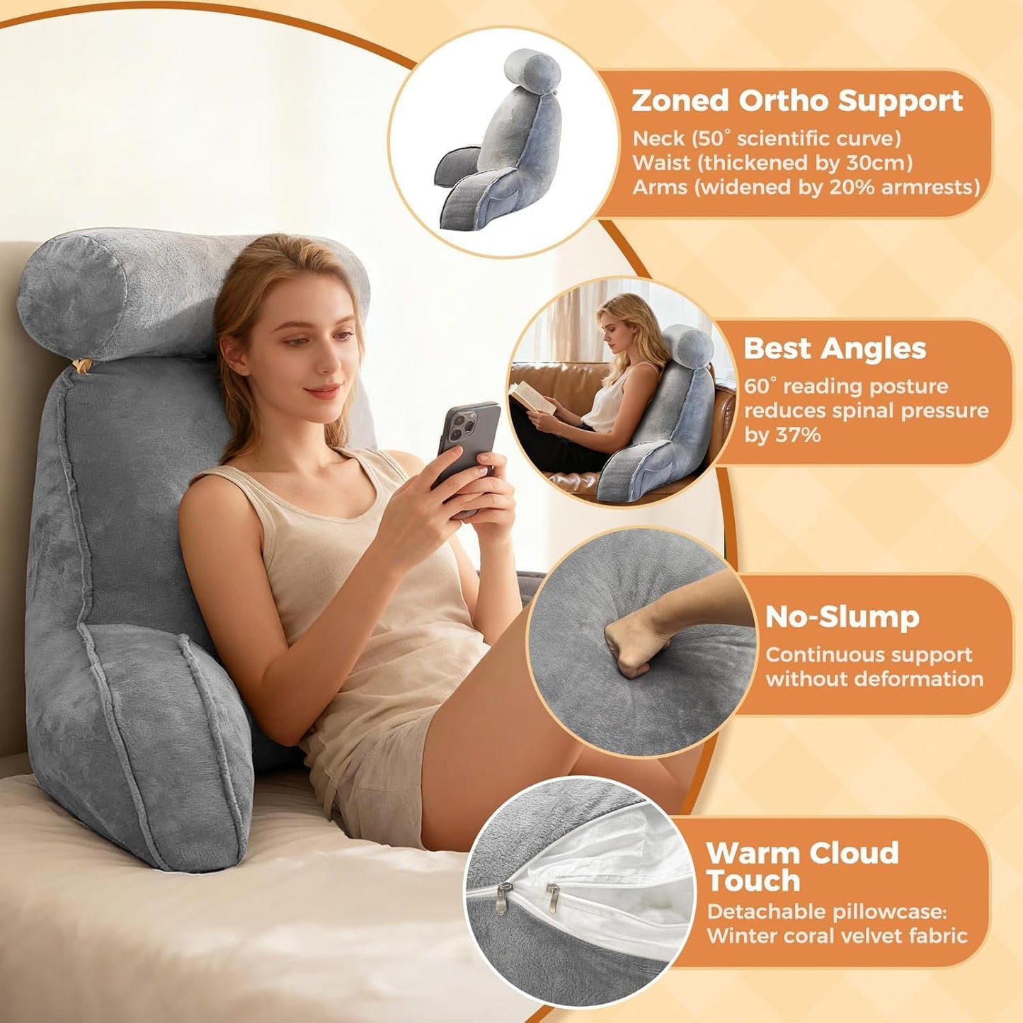 SKY-TOUCH Reading Pillow for Bed Reading, Back Rest Pillow for Beds, Back Support Pillows, Memory Foam Reading Pillow for Sofa, Comfortable Support for Sitting, Reading, TV, Gaming - 75x40x68cm