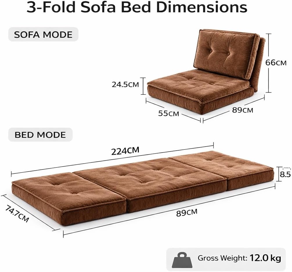 SKY-TOUCH Folding Sofa Bed, 3 in 1 Mattress Sofa Bed for Backrest Chair/Backrest Sofa, Detachable And Washable, Multi-Function Folding Couch Bed for Dorm/Bedroom/Office, Brown, 224x89x8.5cm