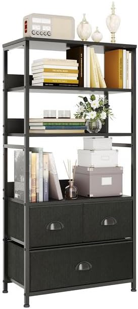 SKY-TOUCH 4-Tier Storage Drawer Shelf with 3 Fabric Drawers – Black Metal Frame with Wood Top,– Ideal for Books, Photos, and Decorations in Living Room, Office, Bedroom, and Kitchen,Black 120x58x29cm