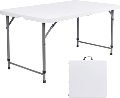 SKY-TOUCH Folding Lightweight Trestle Outdoor Camping Table,Heavy Duty Plastic Outdoor Folding Picnic Table,Folding Trestle Table For BBQ Party, Folds in Half with Carry Handle,White