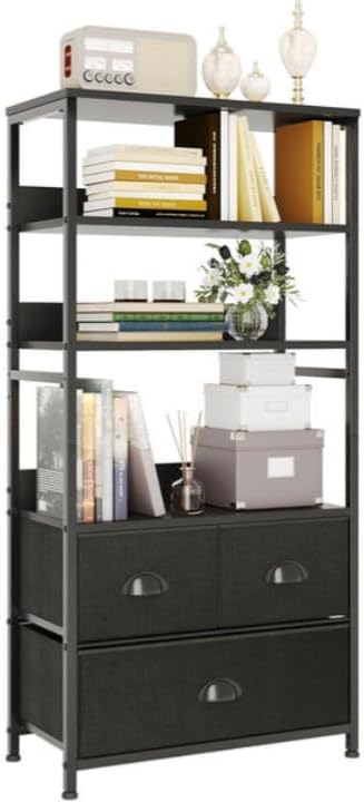 SKY-TOUCH 4-Tier Storage Drawer Shelf with 3 Fabric Drawers – Black Metal Frame with Wood Top,– Ideal for Books, Photos, and Decorations in Living Room, Office, Bedroom, and Kitchen,Black 120x58x29cm