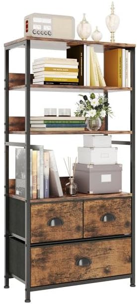 SKY-TOUCH 4-Tier Storage Shelf with 3 Drawers – Black Metal Frame with Wood Top,– Ideal for Books, Photos, and Decorations in Living Room, Office, Bedroom, and Kitchen Tiger Wood 120x58x29 cm