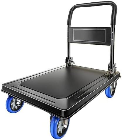 SKY-TOUCH Platform Truck,Flat Trolley,Panel Carts Heavy Duty, Foldable Push Cart Dolly,Foldable thickened handle,Silent rubber casters,Maximum load capacity 350KG,90 * 60cm-Black