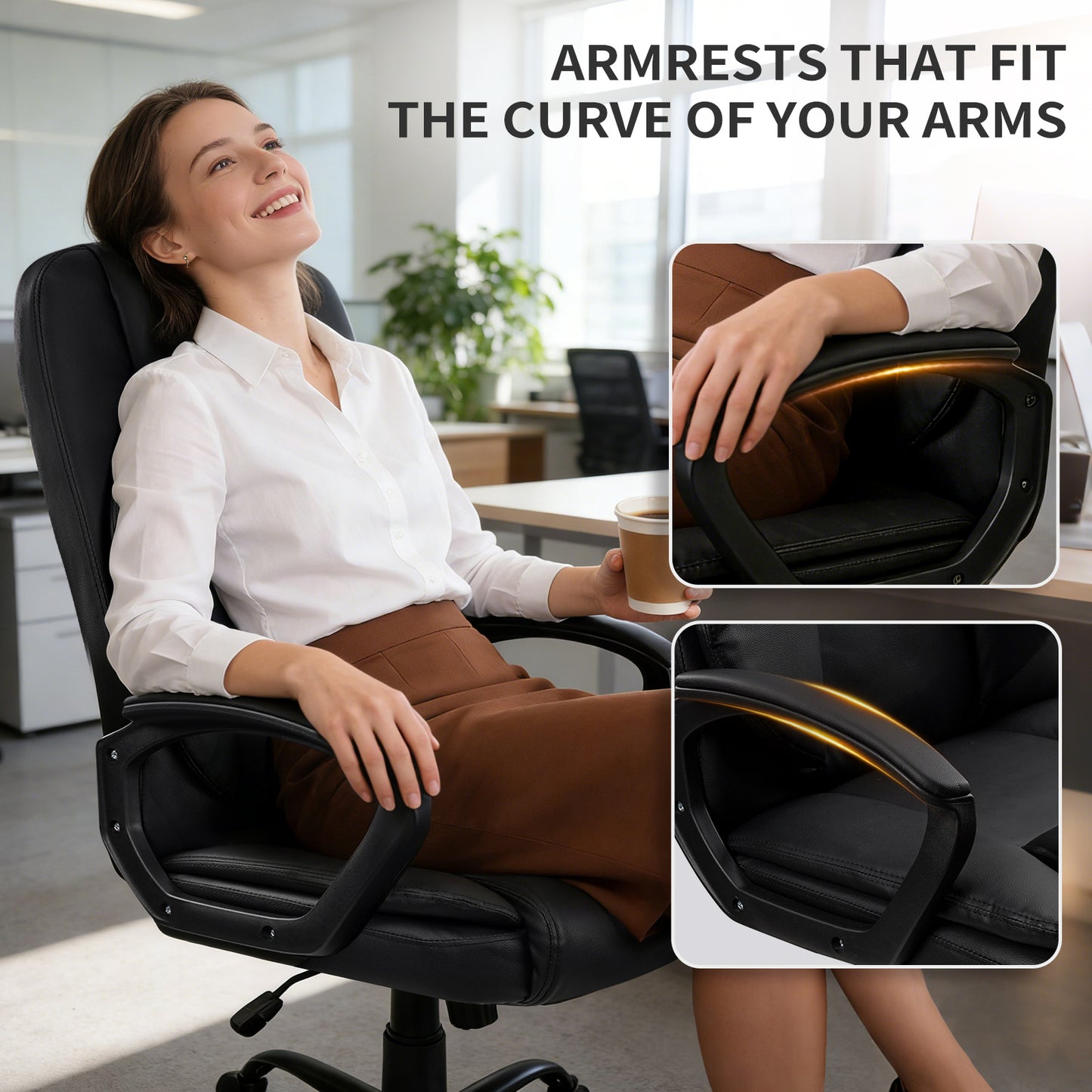 SKY-TOUCH Office Chair, Executive Desk Chair, Classic PU Leather Padded Mid-Back Height Adjustable and Tilt, 350Lb Capacity, Office Computer Desk Chair with Armrest, Black- 26"D x 23.75"W x 42"H