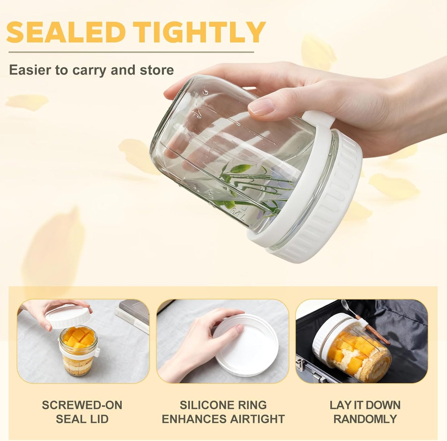 SKY-TOUCH 2 Pack Overnight Oats Jars, Overnight Oats Container with Lid and Spoon, 10 oz Cereal, Milk, Vegetable and Fruit Salad Storage Container with Measurement Marks (WHITE)