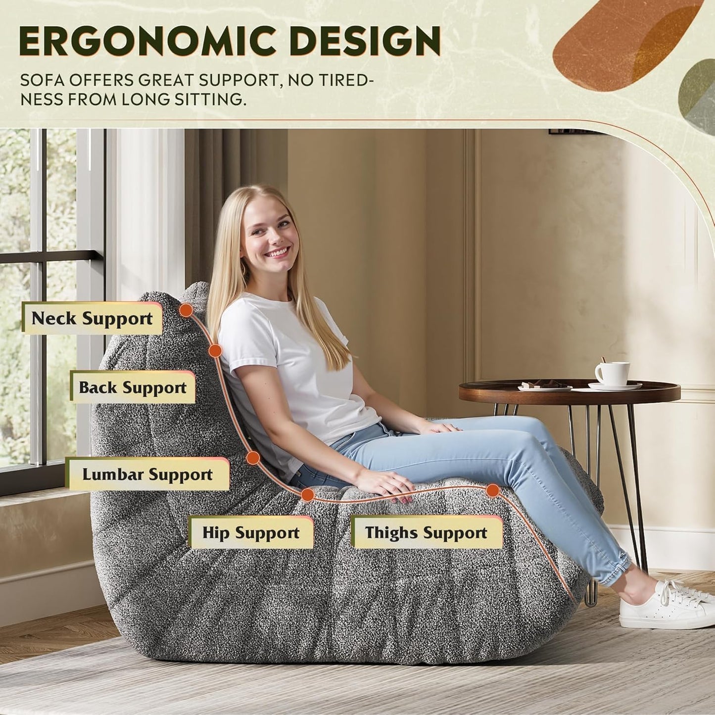 SKY-TOUCH Caterpillar Lazy Sofa, Bean Bag Chair, Sofa Chair, Fainting Couch, Oversized Soft Skin-Friendly Floor Lounge Chair for Living Room Bedroom Salon Office, Single, Grey - 105x90x80cm