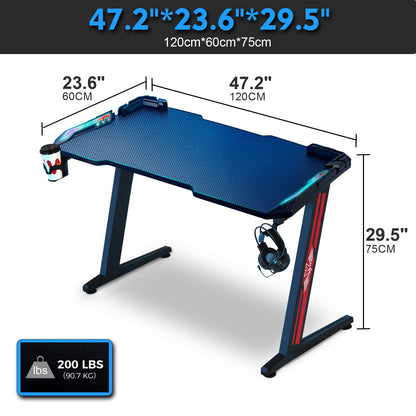 SKY-TOUCH Gaming Desk,Ergonomic Computer and Gaming Table Z Shaped for Pc, Workstation, Home, Office with LED Lights Carbon Fiber Surface,Cup Holder and Headphone Hook,Blue120×60×75cm