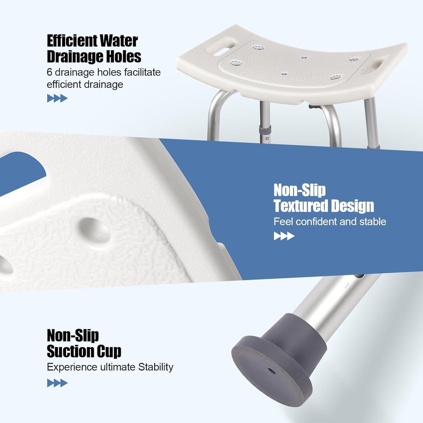 SKY-TOUCH Non-Slip Shower Stool with Suction Feet, Adjustable Lightweight Rust-Free Aluminium Bath Chair for Elderly, Disabled, Pregnancy, Post Surgery, 42 to 50 cm Height, 400 lbs Capacity