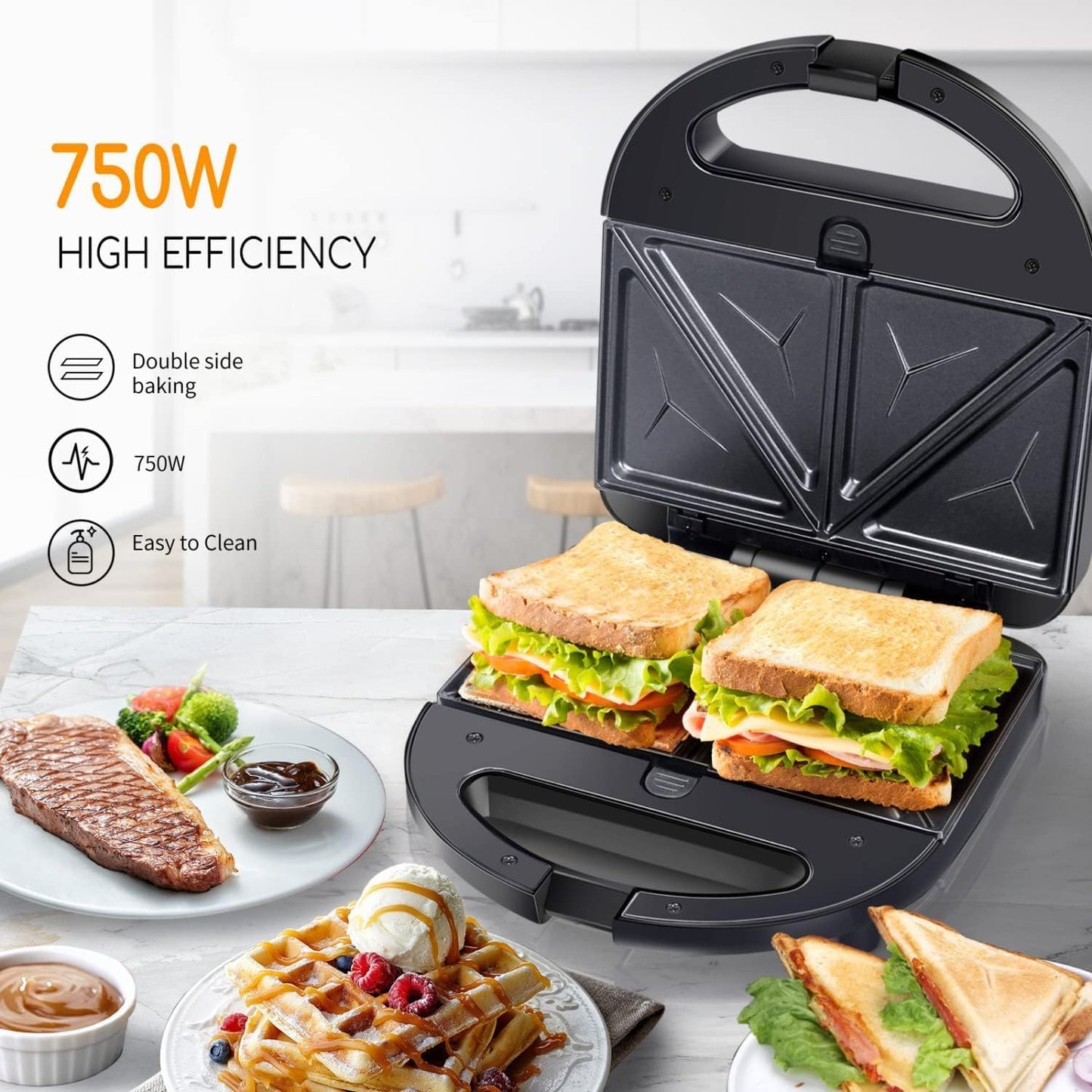 SKY-TOUCH 3 in 1Sandwich Maker: Portable Waffle Maker Toaster Electric Panini Press Grill Set with Removable Non-stick Plates Indicator Lights Easy Clean Heating Fast (Black 750W)