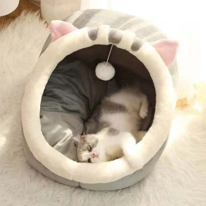 SKY-TOUCH Indoor Cat Bed, Semi-enclosed Cat Igloo Cave Bed for Indoor Kittens, Round Donut Cat House Nest with Fluffy Ball Hanging, Soft Pet Cat Cave for Cats with Anti-Slip Bottom, 48x45x40cm