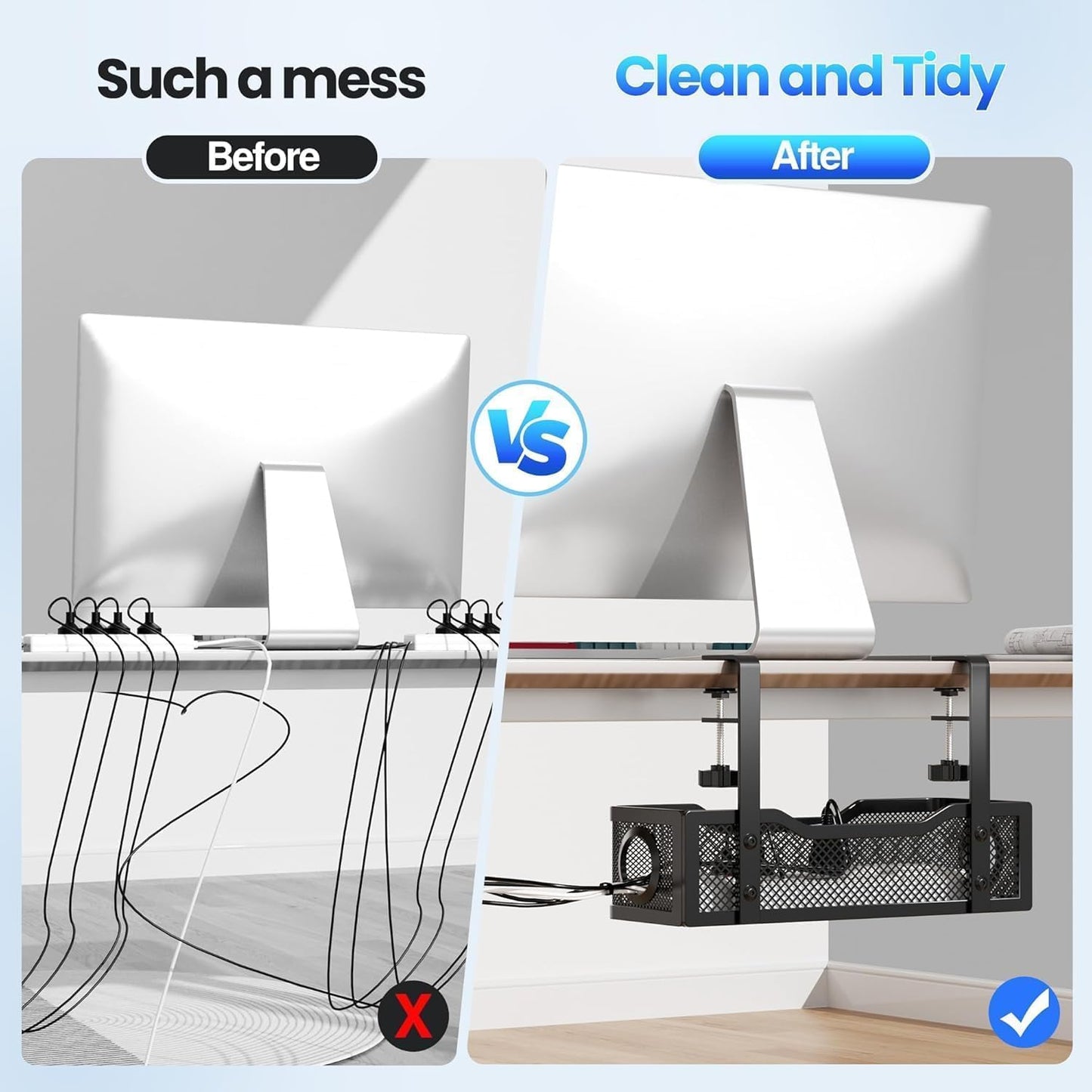 SKY-TOUCH Under Desk Cable Management Tray, Metal Cable Tray with Clamp for Desk Wire Management,Desk Cable Management Box for Office, Home - No Drill, Black 34x12x8cm