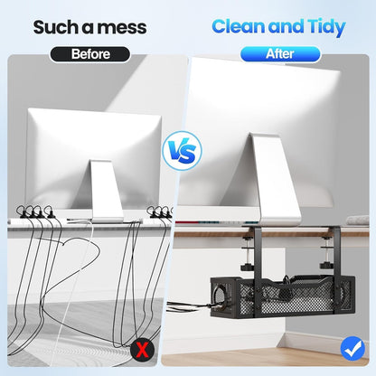 SKY-TOUCH Under Desk Cable Management Tray, Metal Cable Tray with Clamp for Desk Wire Management,Desk Cable Management Box for Office, Home - No Drill, Black 34x12x8cm