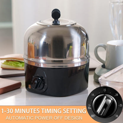 SKY-TOUCH Rapid Electric Egg Cooker, 9 Egg Capacity with 350W Rapid Steam, 304 Stainless Steel Egg Steamer with Cooking Rack and 2 Steaming Bowl for Cook Eggs, Automatically Closed