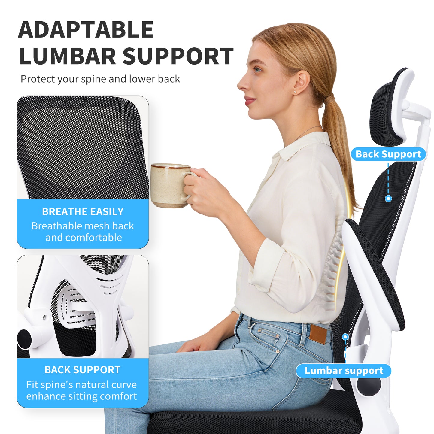 SKY-TOUCH Ergonomic Office Chair,Height adjustable Gaming Chair, Breathable Mesh Design High Back Desk Chair with Flexible Headrest, Swivel Padded Armrest, Lumbar Support, Tit, White