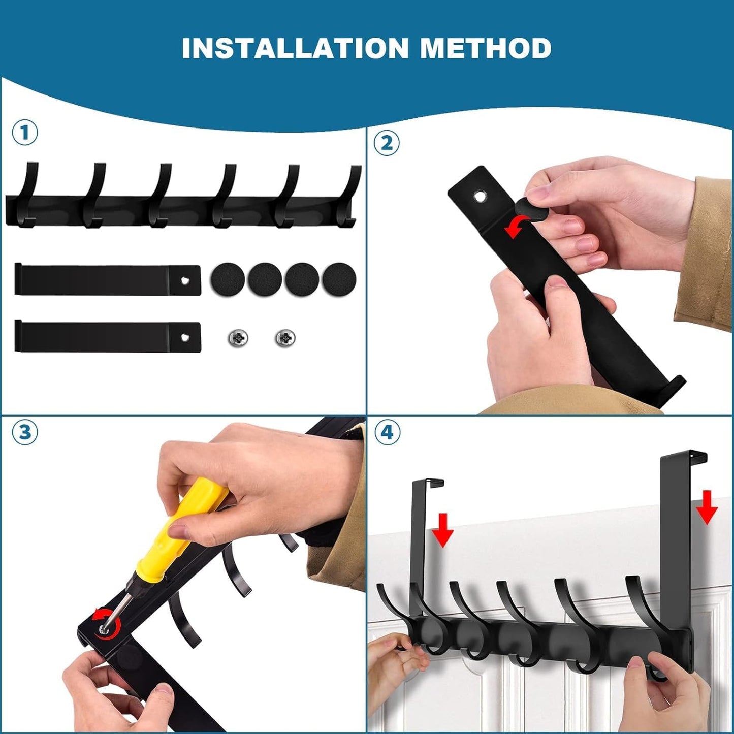 SKY-TOUCH Over Door Hook Hanger 6 Hookds, for Hanging Clothes, Hats, Coats, Towels, Robes - Rust Resistant Door Hanger with 6 Hooks, 20KG Maximum load, Aluminum, 40x18cm