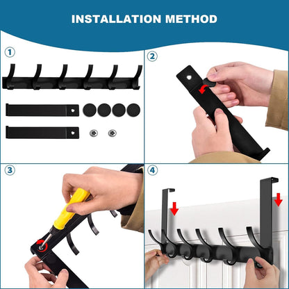 SKY-TOUCH Over Door Hook Hanger 6 Hookds, for Hanging Clothes, Hats, Coats, Towels, Robes - Rust Resistant Door Hanger with 6 Hooks, 20KG Maximum load, Aluminum, 40x18cm