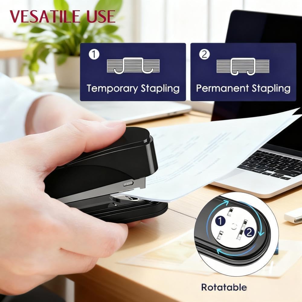 SKY-TOUCH Heavy-Duty Metal Stapler, Black, 50 Sheets Capacity, Stainless Steel, Adjustable Staple Selector, Anti-Slip Base, for Office & Home Use