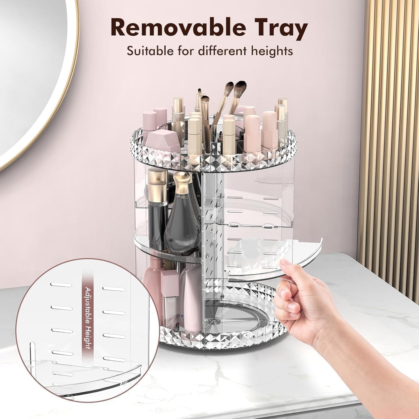 SKY-TOUCH 360-Degree Rotating Makeup Organizer,3-Tier Adjustable Cosmetic Storage Display Box | Transparent Vanity Organizer for Skincare, Fragrance, and Beauty Products | Bedroom,Countertop Organizer