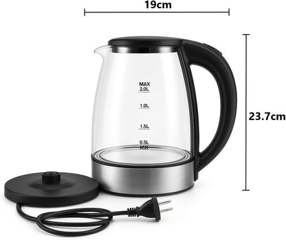 SKY-TOUCH Electric Kettle, 2L 1500W Glass Hot Water Boiler & Tea Pot, BPA-Free Borosilicate Glass, LED Indicator, Auto Shut Off & Boil-Dry Protection, Stainless Steel Bottom