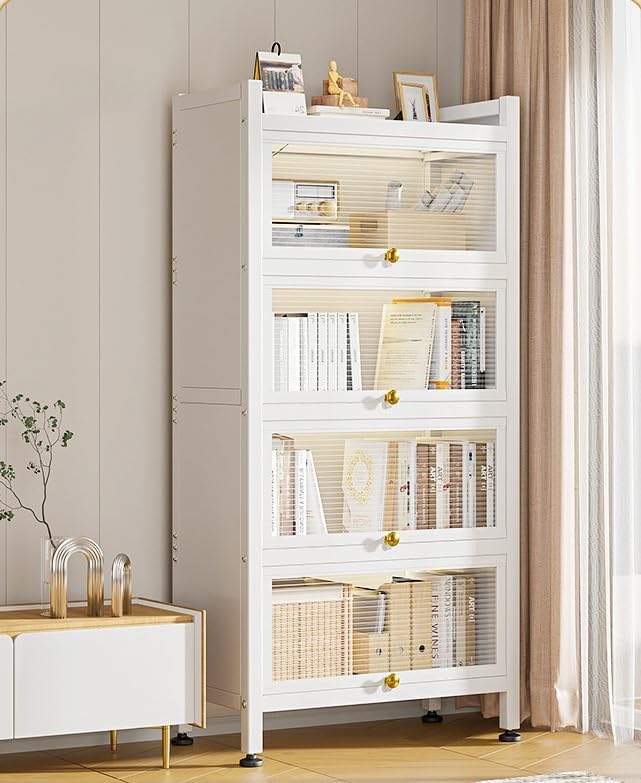 SKY-TOUCH 5-Tier Storage Cabinet : Standing Shelf Units with 4 Door Bookshelf Bookcase with 4 Wheels Storage Rack Organizer Workstation for Kitchen Home Office Pantry Study (White 144 * 55 * 32cm)