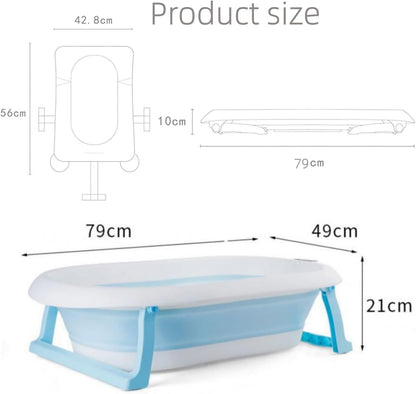 SKY-TOUCH Baby Foldable Bath Tub with Bathmat Cushion & Thermometer, Portable Baby Bathtub with Drain Hole, Shower Basin with Non-Slip Support Leg for 0-6 Years Boy Girl