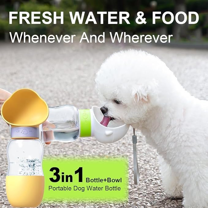 SKY-TOUCH Dog Water Bottle with Food Container, Portable Leak Proof Pet Water Dispenser, Travel Bowl for Walking Hiking Outdoor, Puppy Essentials for Small Medium Dogs(Yellow 350ml+200ml)