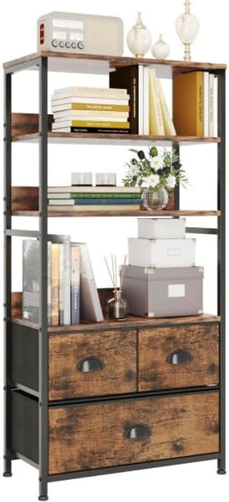 SKY-TOUCH 4-Tier Storage Shelf with 3 Drawers – Black Metal Frame with Wood Top,– Ideal for Books, Photos, and Decorations in Living Room, Office, Bedroom, and Kitchen Tiger Wood 120x58x29 cm